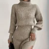 CustomiFall 2-piece Sweater Set Rib Knit Long-sleeved Short Top Extra Long Slim Skirt Casual Winter Clothing